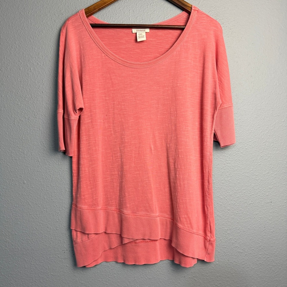 Sundance Coral Pink Gauzy Cotton Short Sleeve Tunic Top XS Layered Hem Casual‎
